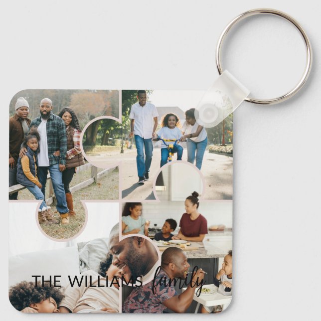 Puzzle custom 4 photo collage and family name key ring (Back)