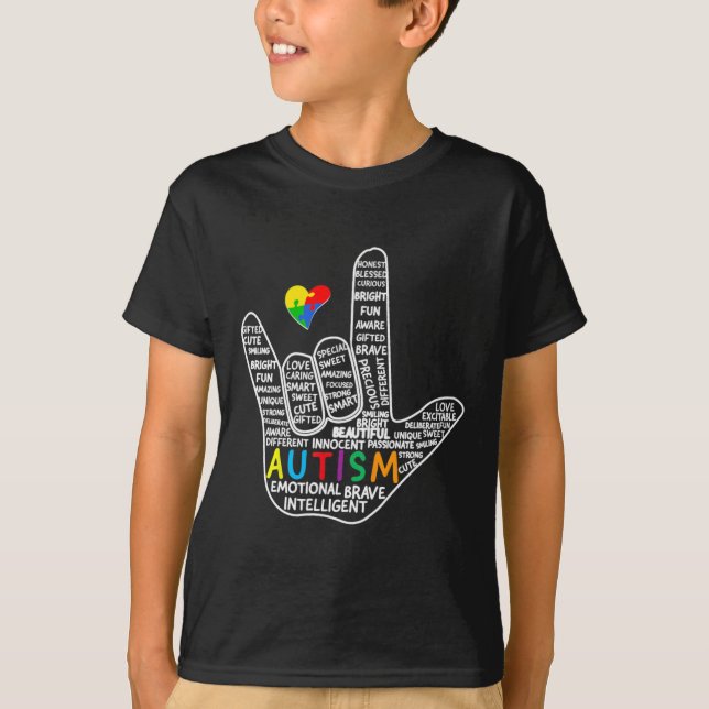 Puzzle Heart ASL Love Sign Language hand Autism Aw T-Shirt (Front)