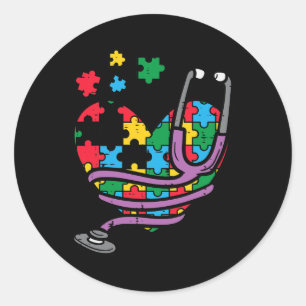 Puzzle Heart Stethoscope Autism Awareness Nursing  Classic Round Sticker