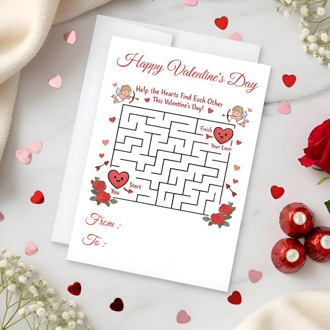 Puzzle Maze Game Hearts Matching Red Roses Holiday Card (Creator Uploaded)