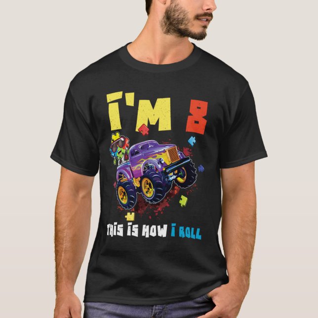 Puzzle Monster Truck Age 8 Born Autism Awareness T-Shirt (Front)