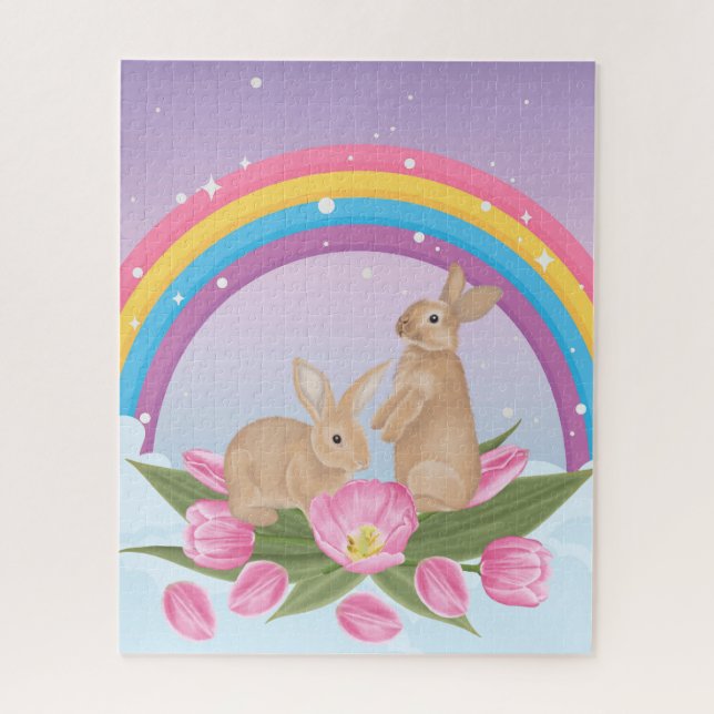 puzzle of bunnies under rainbow with stars  (Vertical)