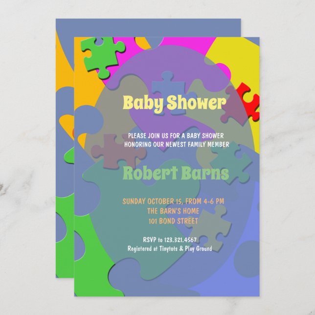 Puzzle Pieces Boy Baby Shower Invitation (Front/Back)