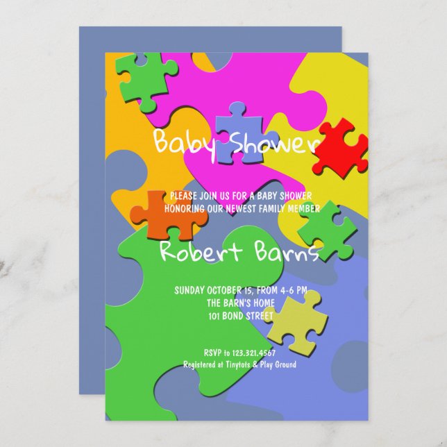 Puzzle Pieces Boy Baby Shower Invitation (Front/Back)