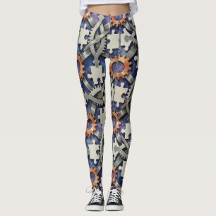 Puzzle Pieces Gears Seamless Pattern Leggings