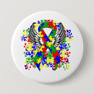 Puzzle Ribbon With Wings 7.5 Cm Round Badge