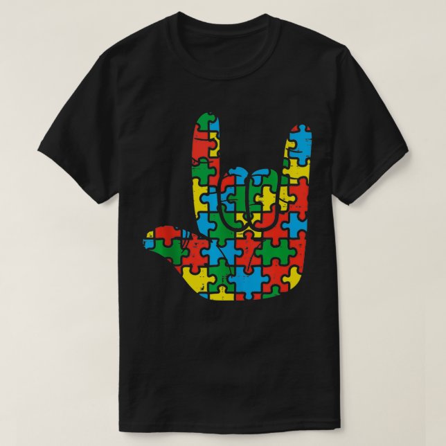 Puzzle Rock Hand Sign Cool Autism Awareness Rock A T-Shirt (Design Front)
