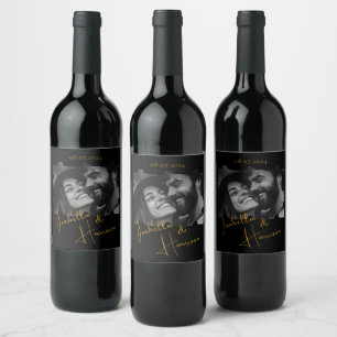 Puzzle Shaped Custom Photo wedding Black and Gold Wine Label