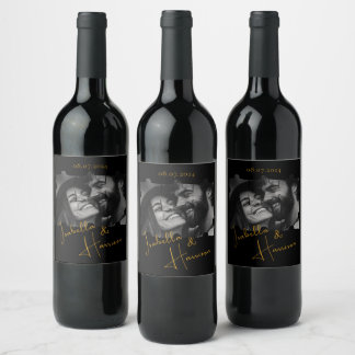 Puzzle Shaped Custom Photo wedding Black and Gold Wine Label