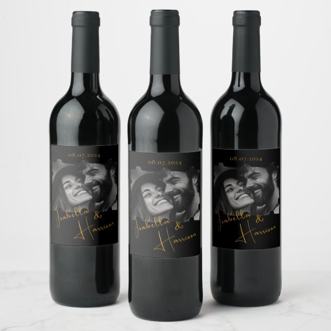 Puzzle Shaped Custom Photo wedding Black and Gold Wine Label (Bottles)