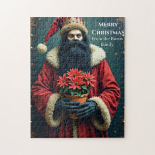 PUZZLE Vintage Black Beard Santa and Poinsettias