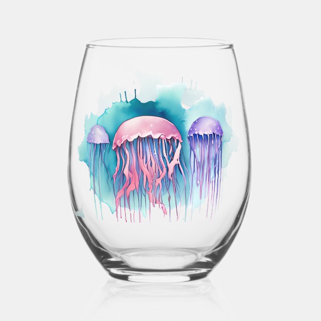 Puzzle - Watercolor Series: Jellyfish Bloom Stemless Wine Glass (Front)