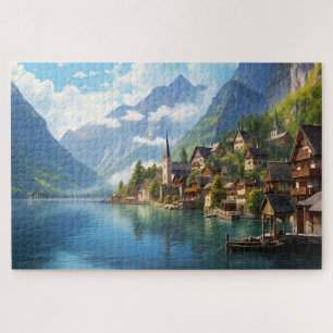 Puzzle with charming village in Alps, Europe.
