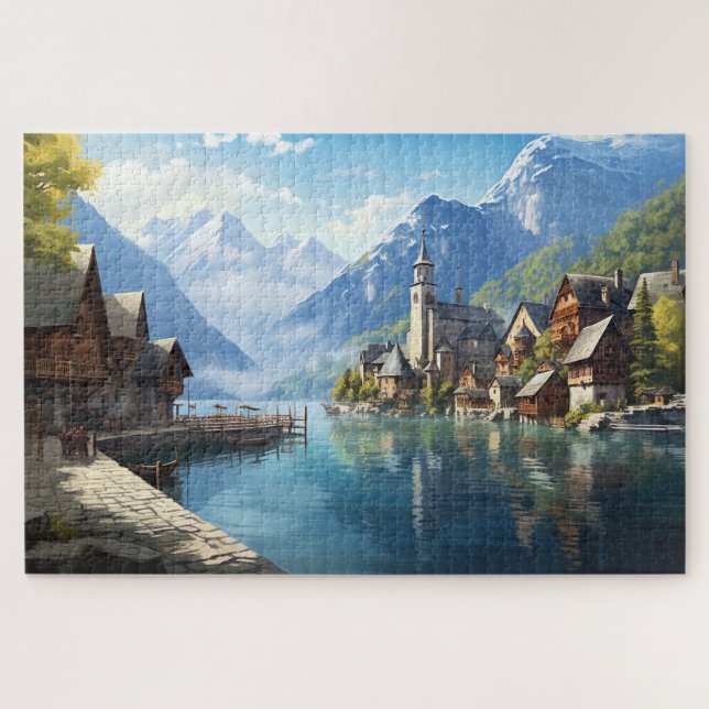 Puzzle with charming village in Alps, Europe. (Horizontal)