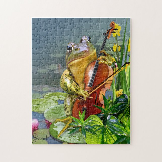 Puzzle with  Funny Cello Playing Frog (Vertical)