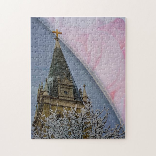 Puzzle with Gift Box/Church Steeple With Pink Rose (Vertical)