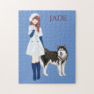 Puzzle with girl walking husky dog. Custom name.