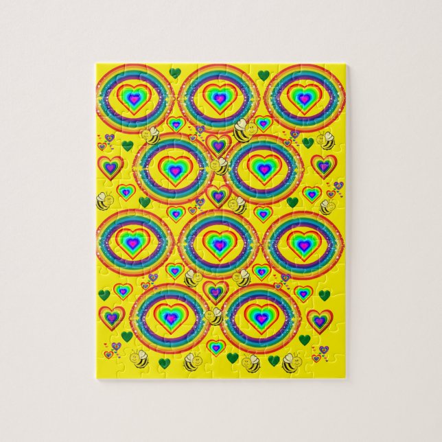 Puzzles Colourful Rainbows Yellow Bumblebee Hearts (Vertical)