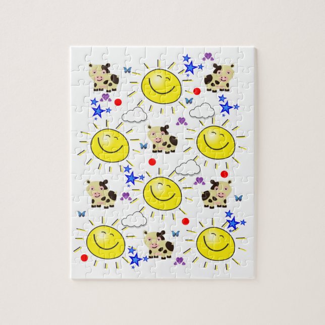 Puzzles Cow Sun Clouds Blue Stars (Vertical)