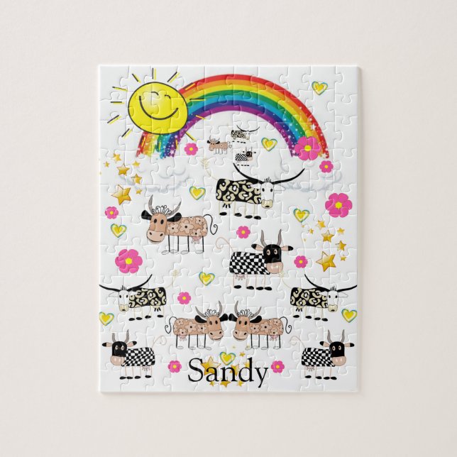 Puzzles Cow Sun Clouds Rainbow Floral (Vertical)
