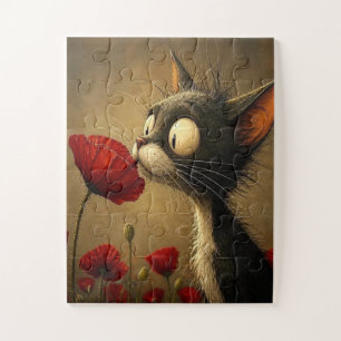 Puzzles Cute Black Cat Red Flower Floral