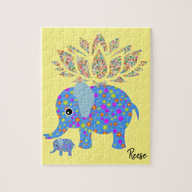 Puzzles Floral Colourful Blue Elephant Yellow (Vertical)