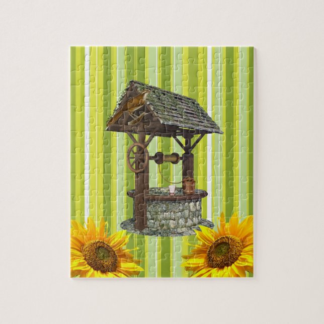 Puzzles Green Yellow White Stripe, Sunflower Birds (Vertical)