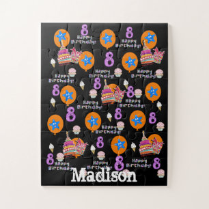 Puzzles, Happy 8th Birthday, #8 Birthday Black Jigsaw Puzzle