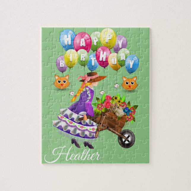 Puzzles Happy Birthday Vintage Floral Cat (Vertical)