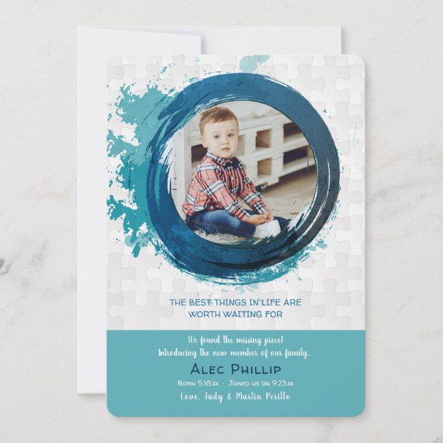 Puzzles Pieces Blue Photo Adoption Announcement (Front)