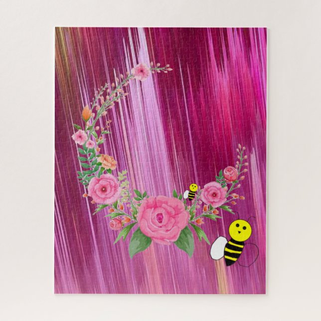 Puzzles Pink Brush Floral Bumblebee (Vertical)