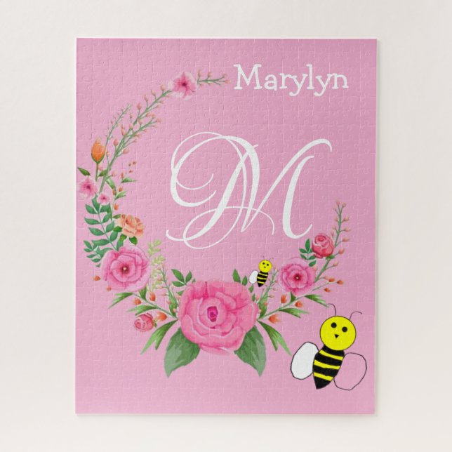 Puzzles Pink Floral Bumblebee Monogram (Vertical)