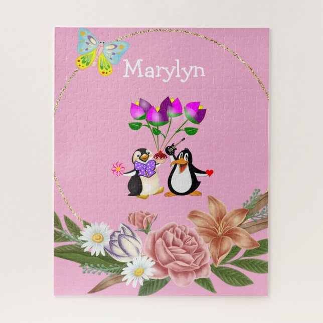 Puzzles Pink Floral Monogram Penguin (Vertical)