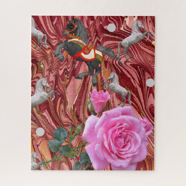 Puzzles Pink Rose Floral Horses (Vertical)