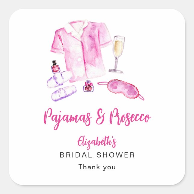 Pyjamas and Prosecco Bridal Shower Pink Custom Square Sticker (Front)