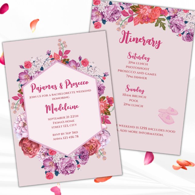 Pyjamas And Prosecco Floral Bachelorette Weekend Invitation (pajamas and prosecco pj's and prosecco bachelorette party invitation weekend itinerary floral pink)