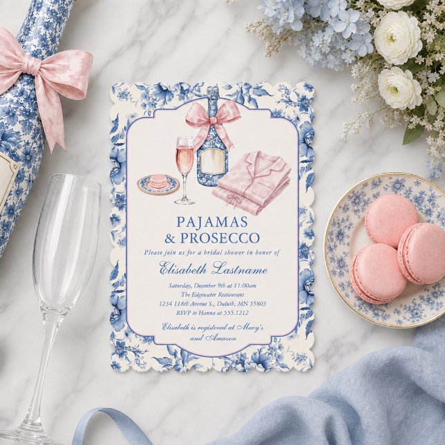 Pyjamas and Prosecco Pink Bow Bridal Shower Invitation (Pajamas and Prosecco Pink Bow Bridal Shower Invitation)