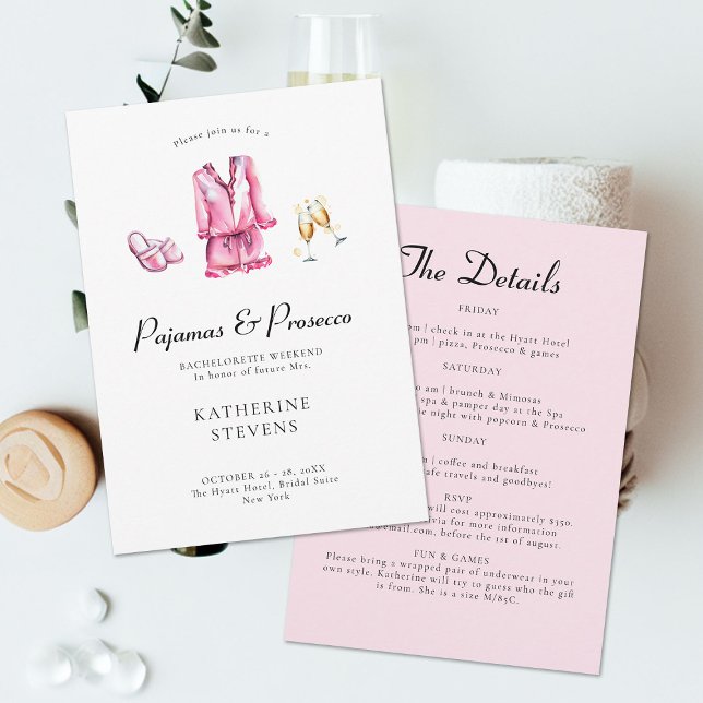 Pyjamas Prosecco Bachelorette Party Itinerary Invitation (pajamas prosecco bachelorette weekend party itinerary pj champagne pink watercolor girls night out)