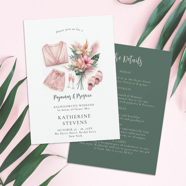 Pyjamas Prosecco Bachelorette Tropical 2 Itinerary Invitation (pajamas prosecco bachelorette itinerary invitation champagne tropical floral lingerie pj classy)