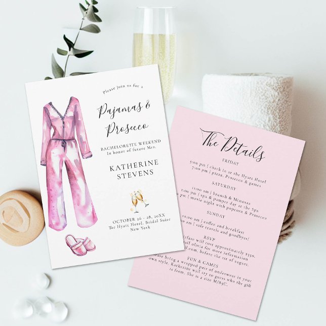 Pyjamas Prosecco Chic Bachelorette Party Itinerary Invitation (pajamas and prosecco bachelorette party invitation itinerary watercolor pj slippers champagne classy)