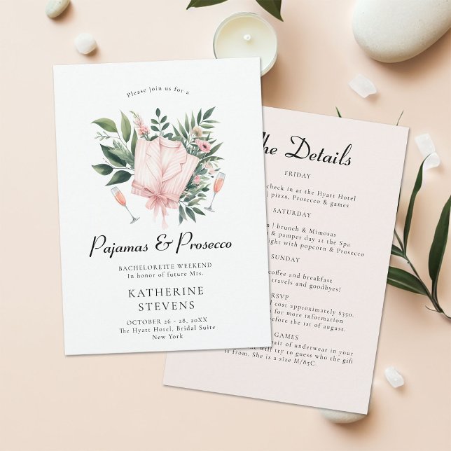 Pyjamas Prosecco Leaf Bachelorette Party Itinerary Invitation (pajamas prosecco bachelorette itinerary invitation champagne greenery lingerie pj elegant classy )