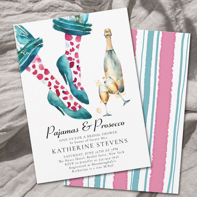 Pyjamas Prosecco Lingerie Party Pink Bridal Shower Invitation (pajamas and prosecco high heels pj party bridal shower invitation watercolor hot pink teal polka dot)