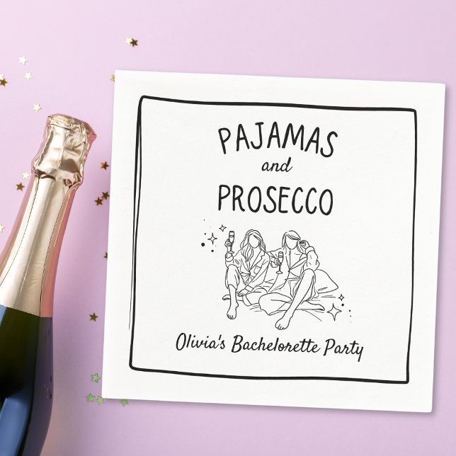 Pyjamas & Prosecco Personalised Bachelorette Party Napkin (Elevate your bachelorette soirée with our whimsical & chic 'Pajamas and Prosecco' custom napkins.)