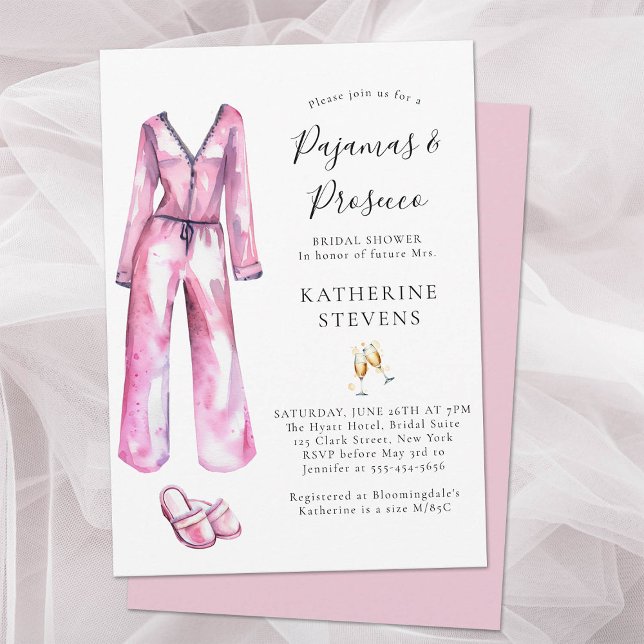 Pyjamas Prosecco PJ Lingerie Party Bridal Shower Invitation (pajamas and prosecco bridal shower invitation watercolor pj slippers champagne elegant pink classy)