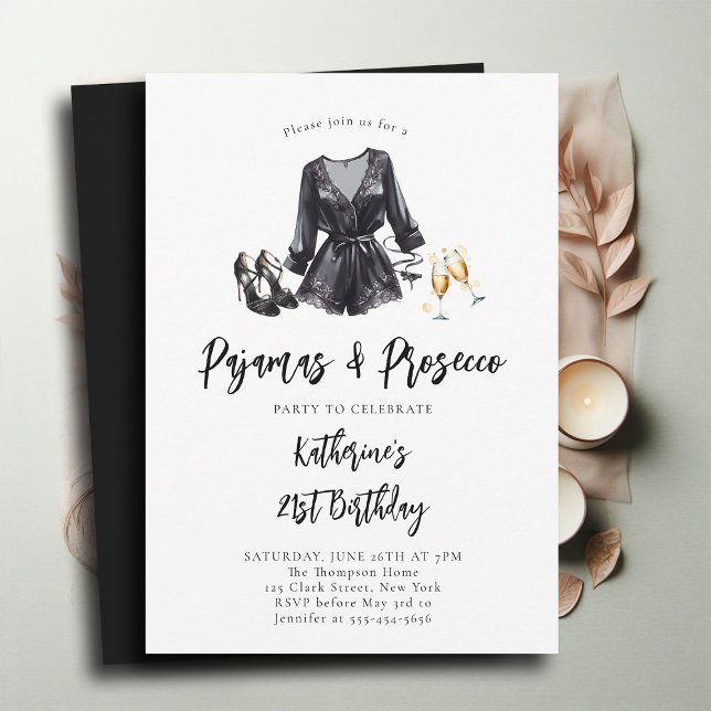Pyjamas Prosecco PJ Party Black Chic 21st Birthday Invitation (pajamas and prosecco 21st birthday invitation adult pj party slumber elegant black robe stilettos)