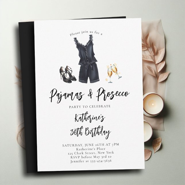 Pyjamas Prosecco PJ Party Black Chic 30th Birthday Invitation (pajamas and prosecco 30th birthday invitation adult pj party slumber elegant black robe stilettos)