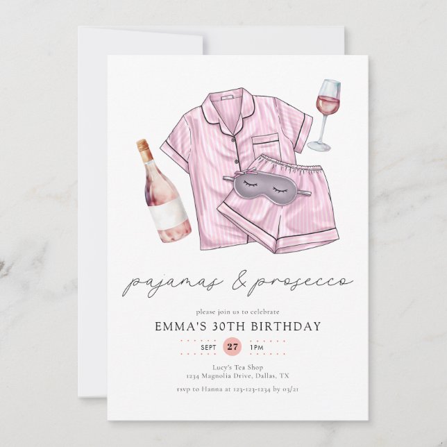 Pyjamas Prosecco PJ Party Blush Pink 30th Birthday Invitation (Front)