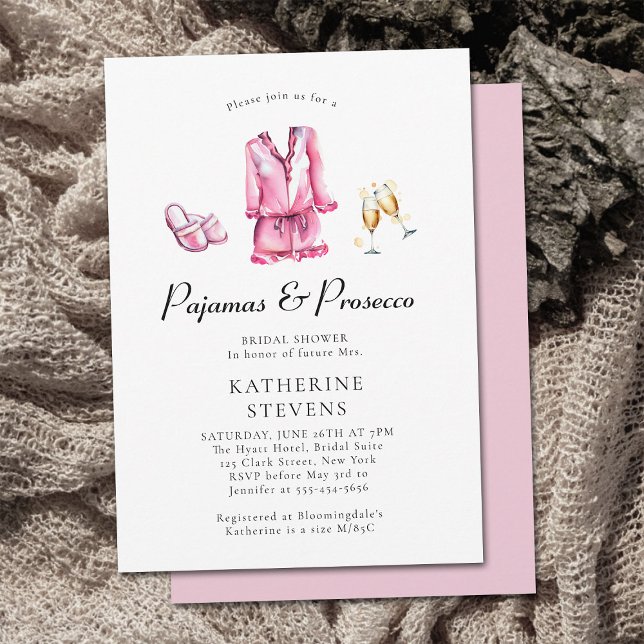 Pyjamas Prosecco PJ Party Lingerie Bridal Shower Invitation (pajamas and prosecco bridal shower invitation watercolor pj champagne flutes lingerie party elegant )