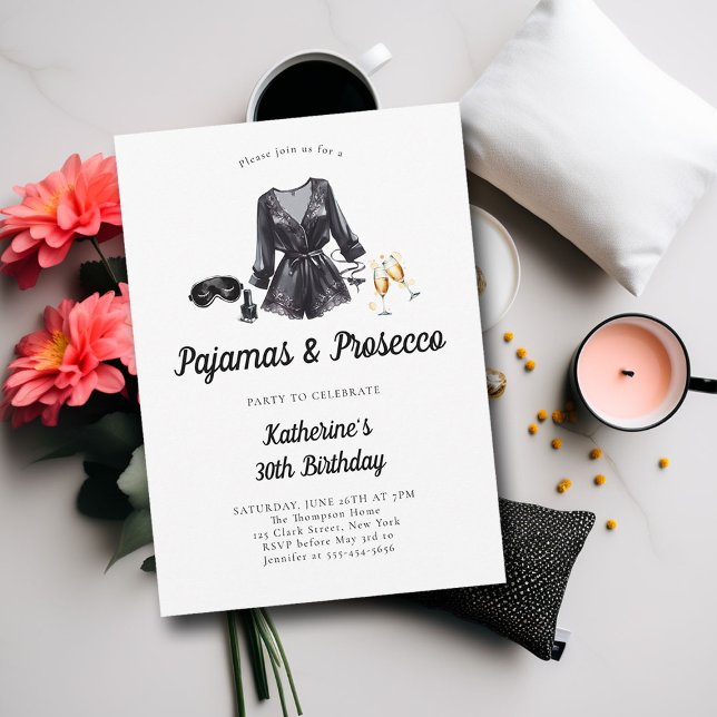 Pyjamas Prosecco PJ Party Sassy Bold 30th Birthday Invitation (adult sleepover slumber party 30th birthday invitation elegant sassy black chic watercolor stylish)
