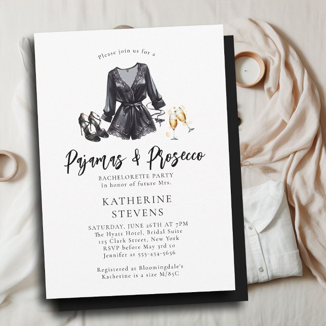 Pyjamas Prosecco PJs Chic Black Bachelorette Party Invitation (pajama pj lingerie bachelorette party invitation black night robe champagne pajamas prosecco elegant)
